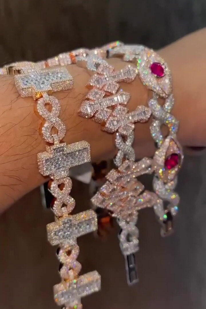 VVS1 Diamond Cross Link Bracelet, VVS1 Quality Baguette Moissanite Diamond, Pass Diamond Tester, Heavy Quality 925 Sterling Silver/Solid 10k