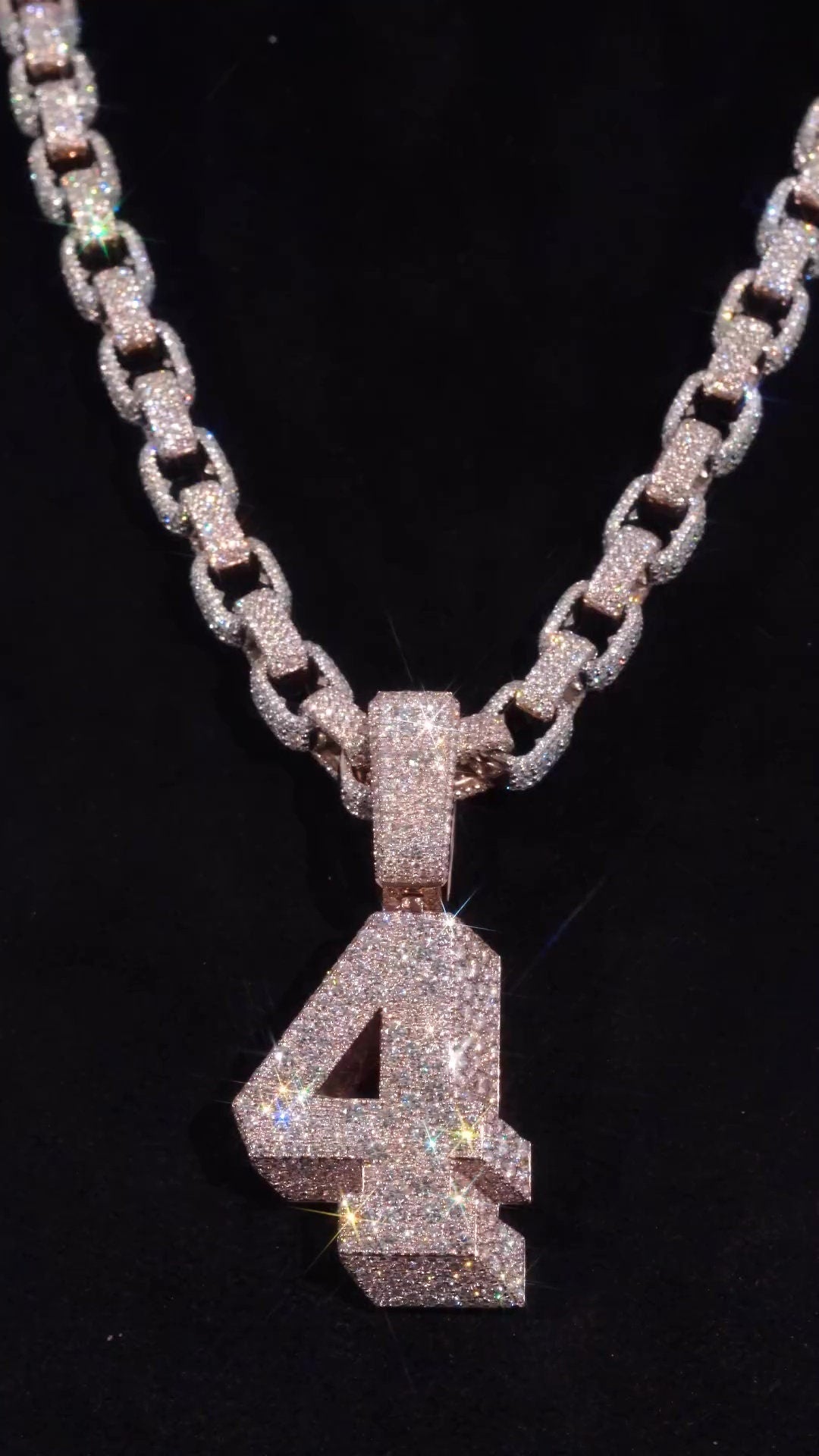 925 Silver Iced Out Chain Set with Mosaic Number Pendant, 10mm Iced Out Rolo Chain, Luxury Custom Hip Hop Necklace with VVS Moissanite Bling