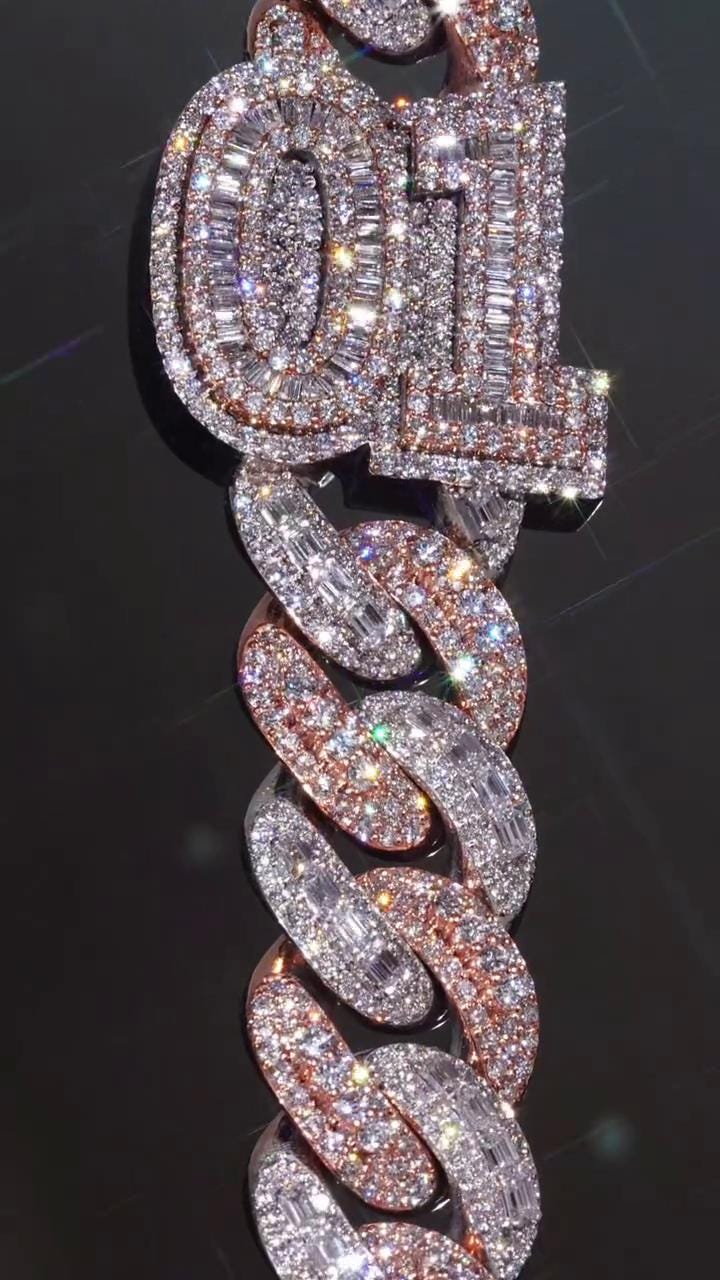22mm Moissanite Cuban Chain, Rhodium Plated 925 Silver, Raised Round & Emerald Cut Moissanite, Diamond Tester Approved, Customizable Jewelry