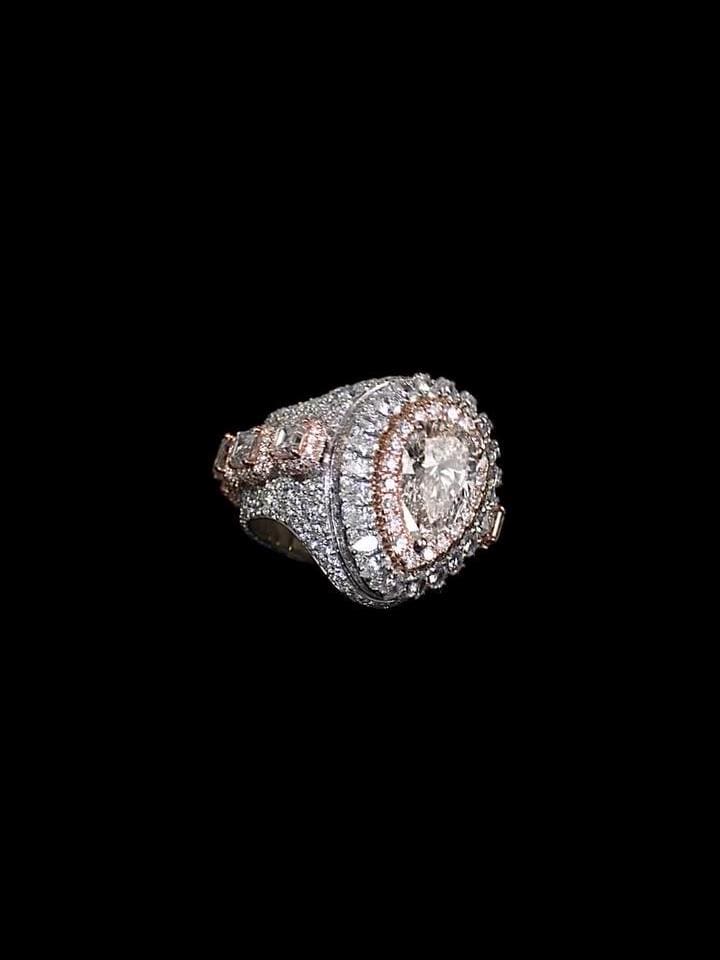 5ct Pear-Shaped Moissanite and Asscher Cut Accent Stones Iced-Out Ring - White & Rose Gold Finish, Luxury Hip-Hop Bling