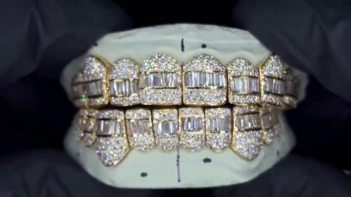 Custom Hybrid Grillz – VVS Moissanite Diamond Teeth – Rhodium Plated Sterling Silver – Iced-Out Bust Down Grillz – Hip Hop Jewelry