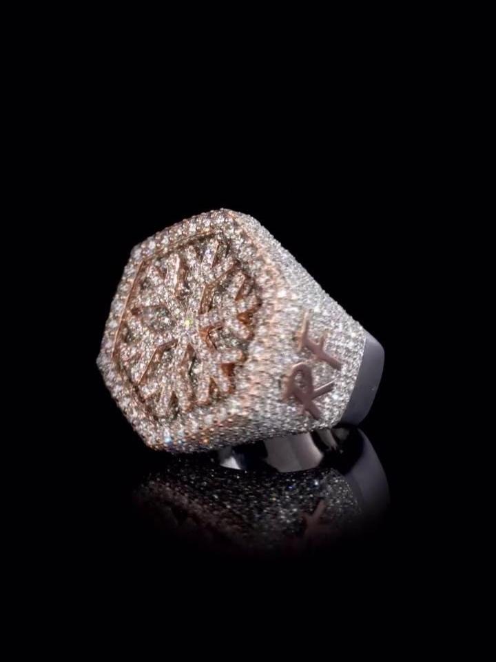 Custom Snowflake Iced-Out Ring β VVS Moissanite Hip Hop Ring in 925 Silver with Rose Gold Rhodium Plating β Men's Statement Bling Jewelry