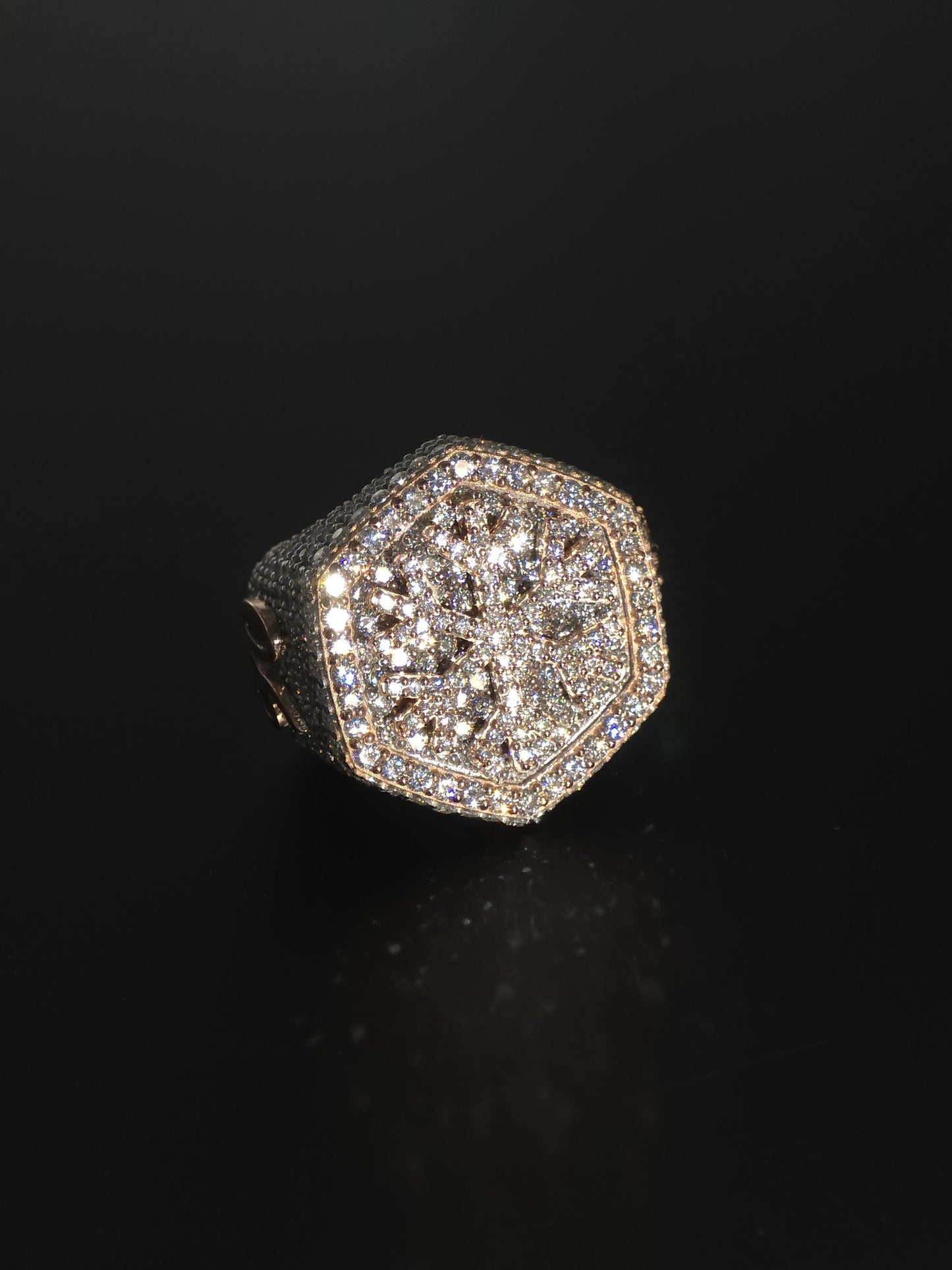 Custom Snowflake Iced-Out Ring โ VVS Moissanite Hip Hop Ring in 925 Silver with Rose Gold Rhodium Plating โ Men's Statement Bling Jewelry