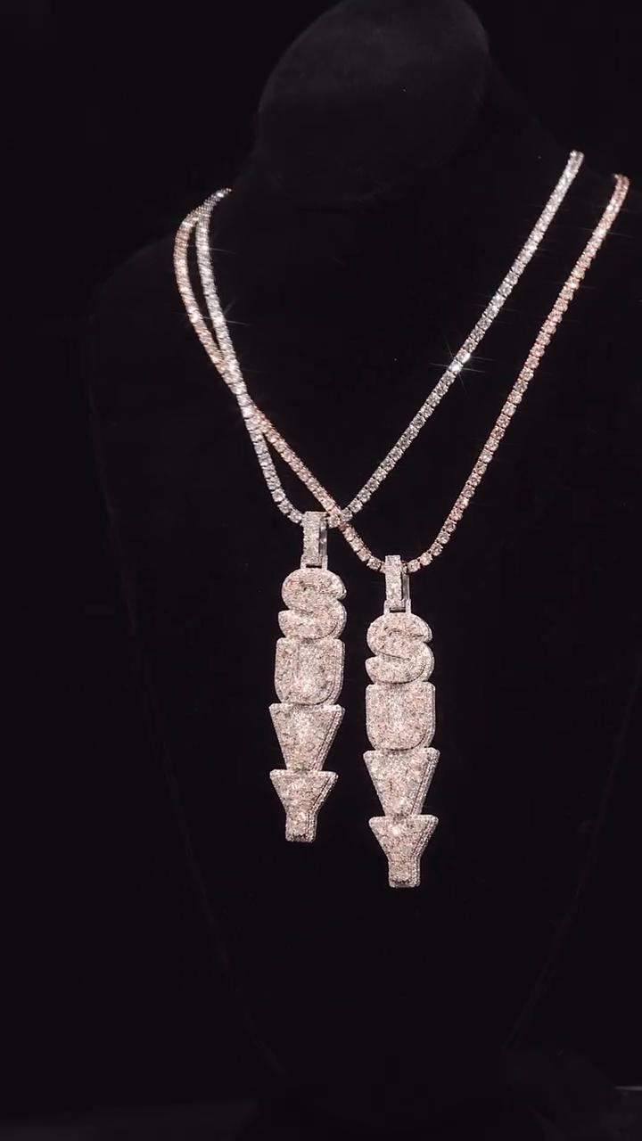 VVS Moissanite Vertical Pendant | Rhodium Plated 925 Sterling Silver | Mixed Cut Moissanite | Diamond Tester Approved | Hip Hop Jewelry