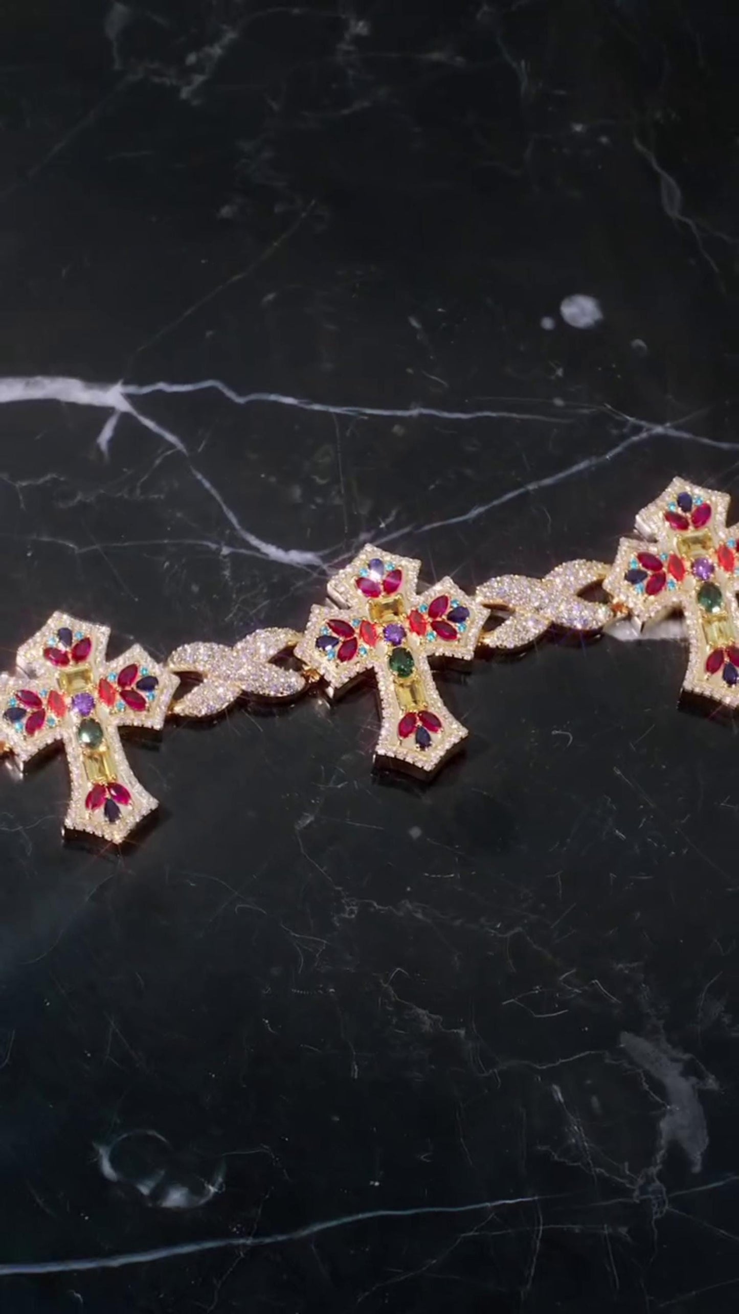 Multicolor Cross Bracelet | 925 Sterling Silver with VVS Moissanite & Colored Gemstones | Iced Out Gold Finish Hip Hop Jewelry