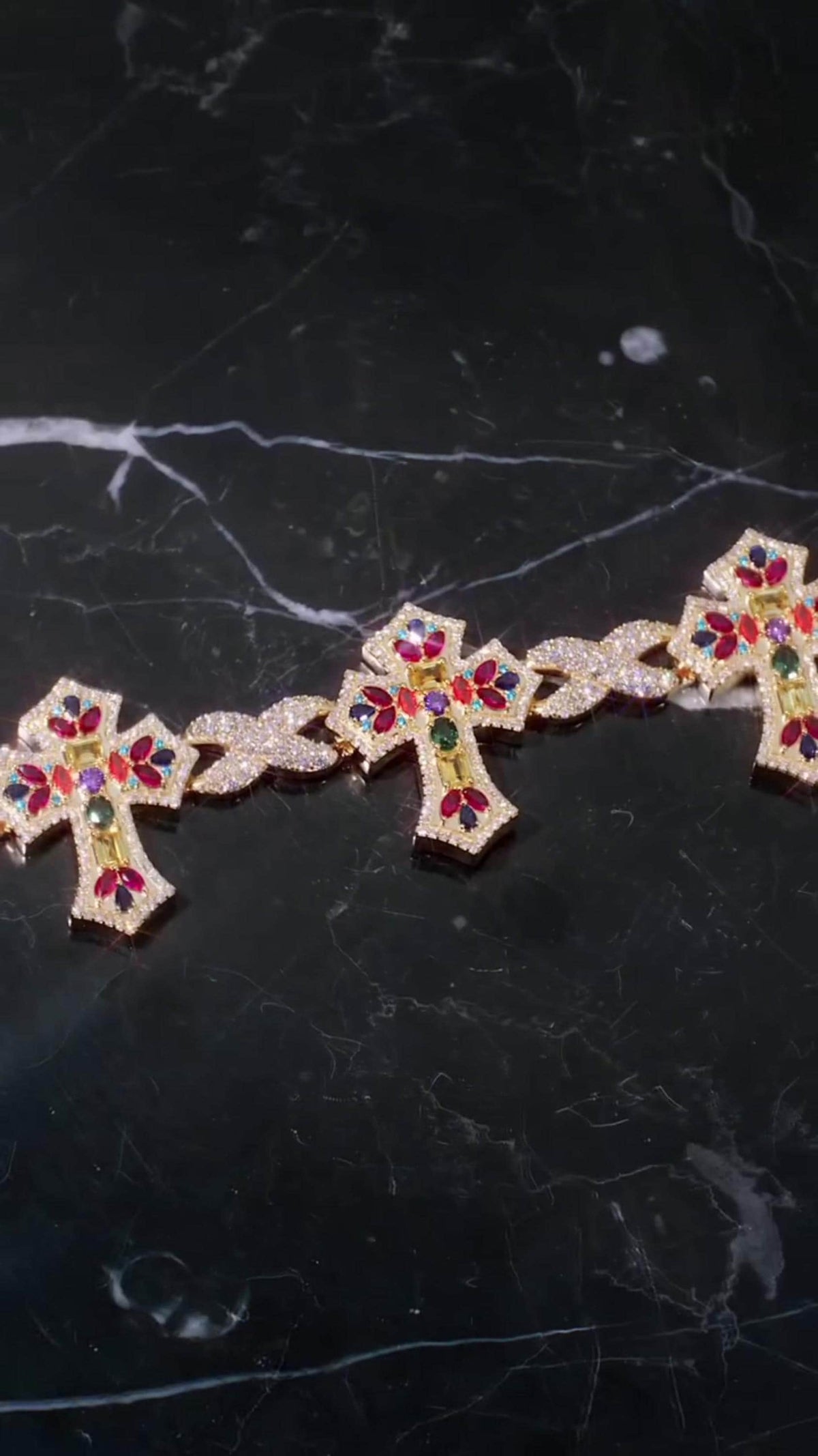 Multicolor Cross Bracelet | 925 Sterling Silver with VVS Moissanite & Colored Gemstones | Iced Out Gold Finish Hip Hop Jewelry