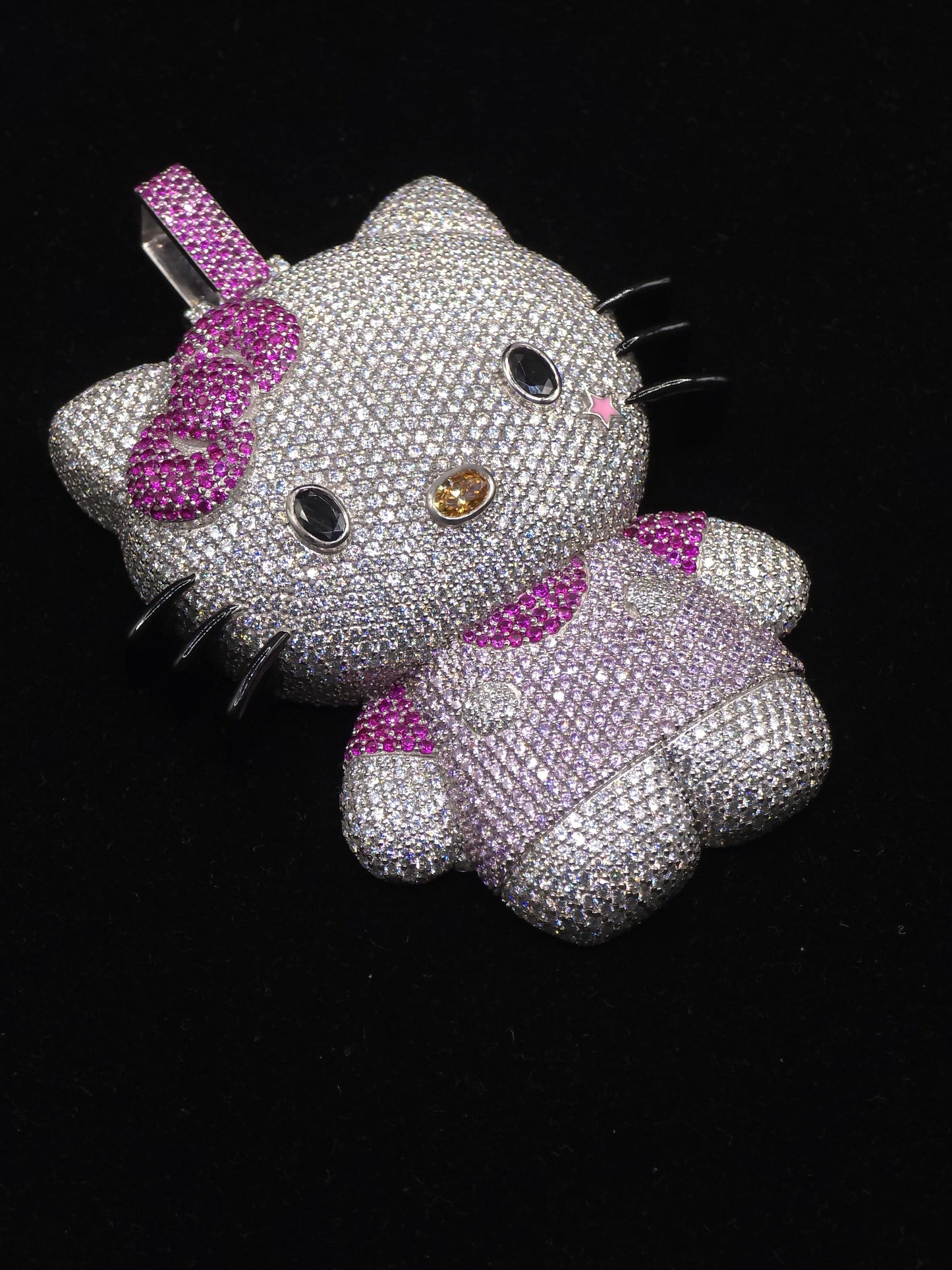 3" Fully Iced Cartoon Cat VVS Moissanite Diamond Pendant, Passes Diamond Test, Icy Hip Hop Pendant, Solid Back