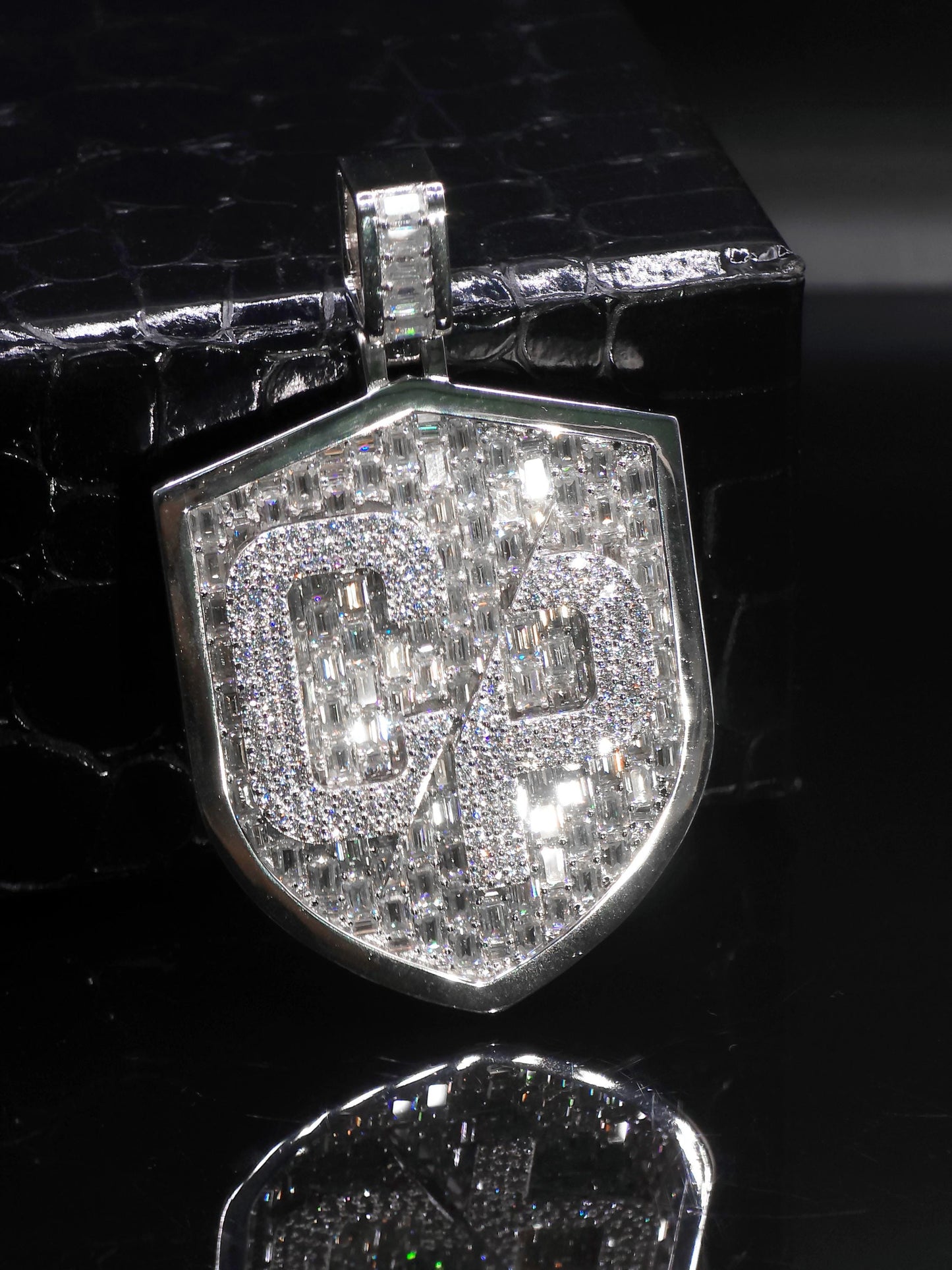VVS1 Moissanite Shield Pendant | Custom Hip Hop Necklace | Emerald & Round Cut | 925 Sterling Silver Iced Jewelry