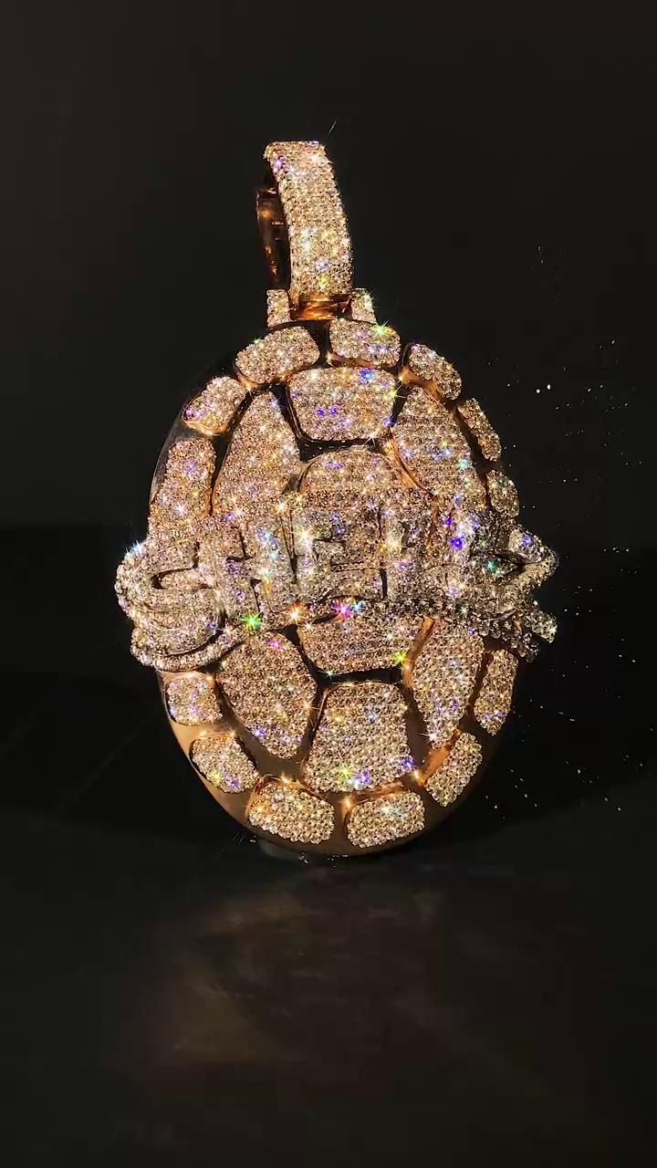 Iced Out Turtle Shell Pendant, Custom Hip Hop Bling, VVS Moissanite / AAA CZ, 925 Sterling Silver, Personalized Rapper Jewelry