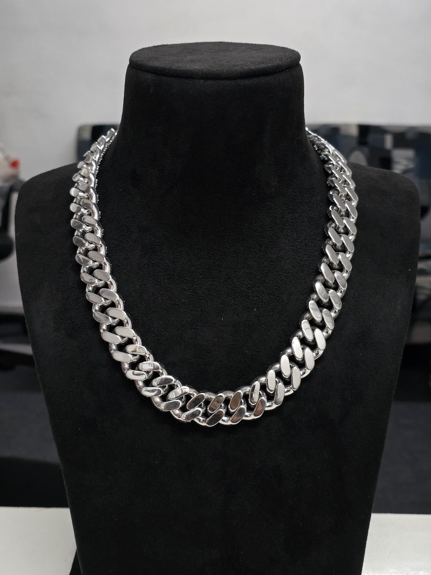 20mm Moissanite Cuban Link Chain, Mixed Links, Designer Clasp, 16–30 Inch, 925 Sterling Silver, Rhodium Plated