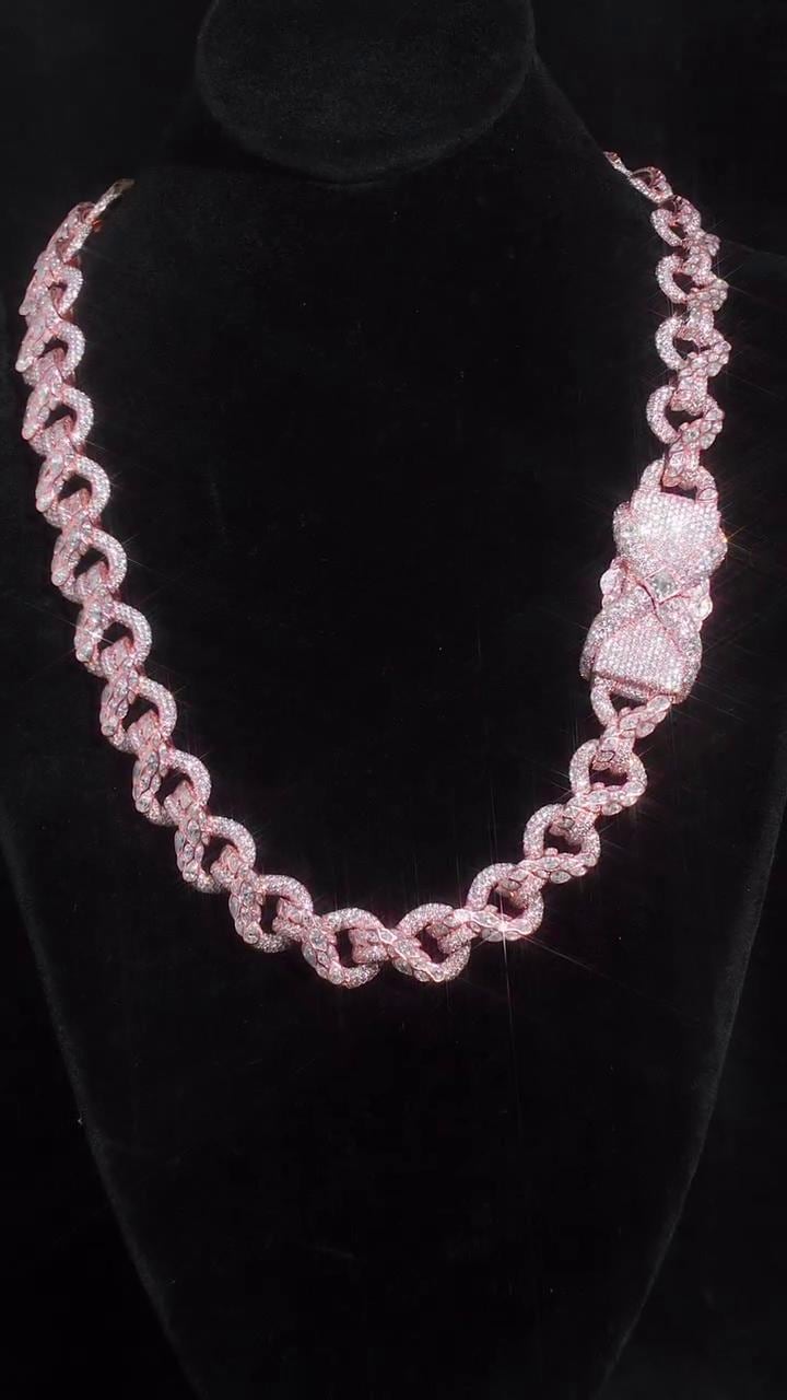14MM Iced Out Infinity Link Chain, VVS Moissanite, Bezel Set Marquise & Pavé Set Round Cut, Box Clasp, 925 Sterling Silver Hip Hop Necklace