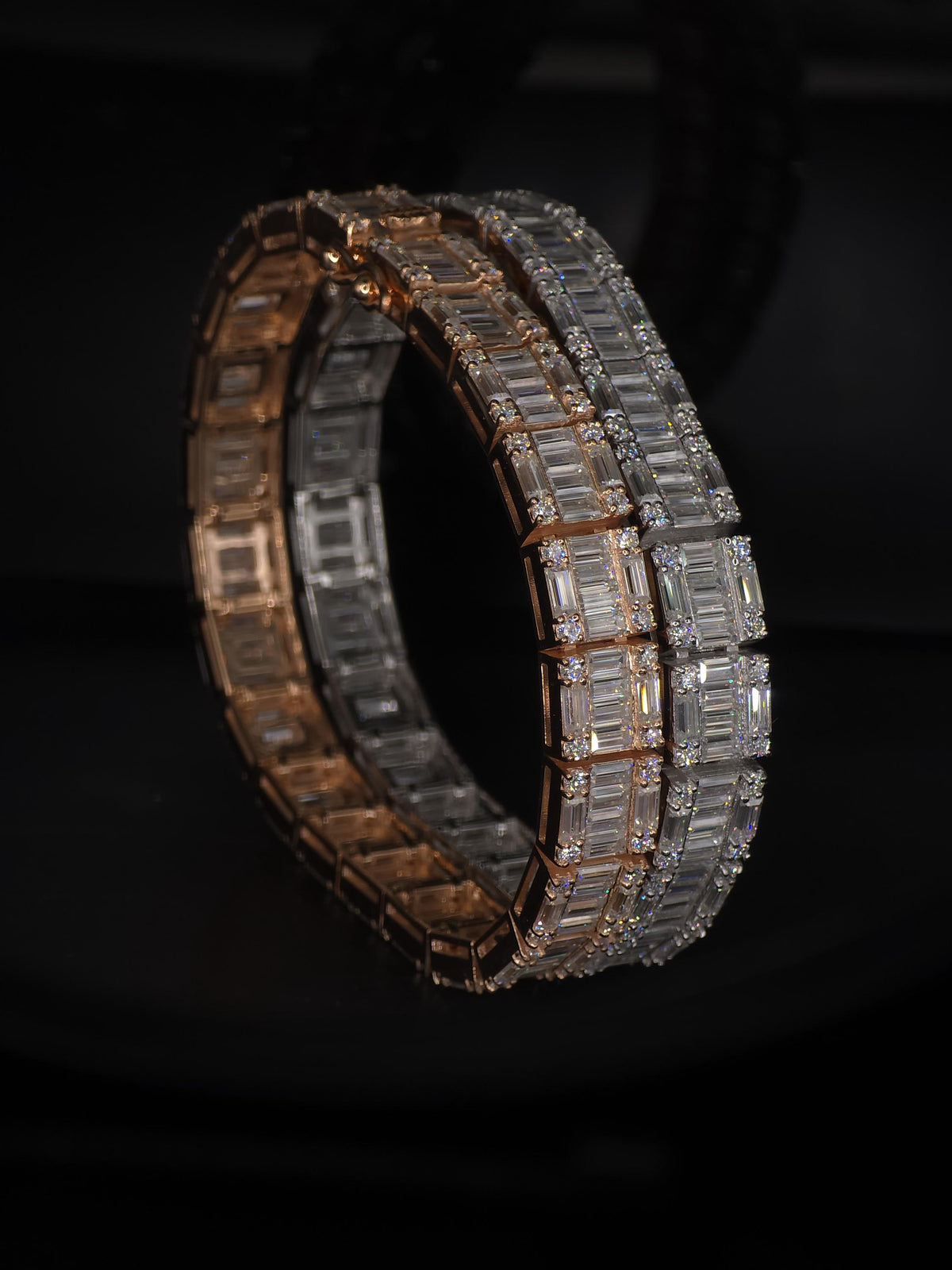 Moissanite Bracelet, Baguette Track bracelet with square links, D color VVS1 Moissanite, 925 Sterling Silver, Gold Plated, 6-9 inch