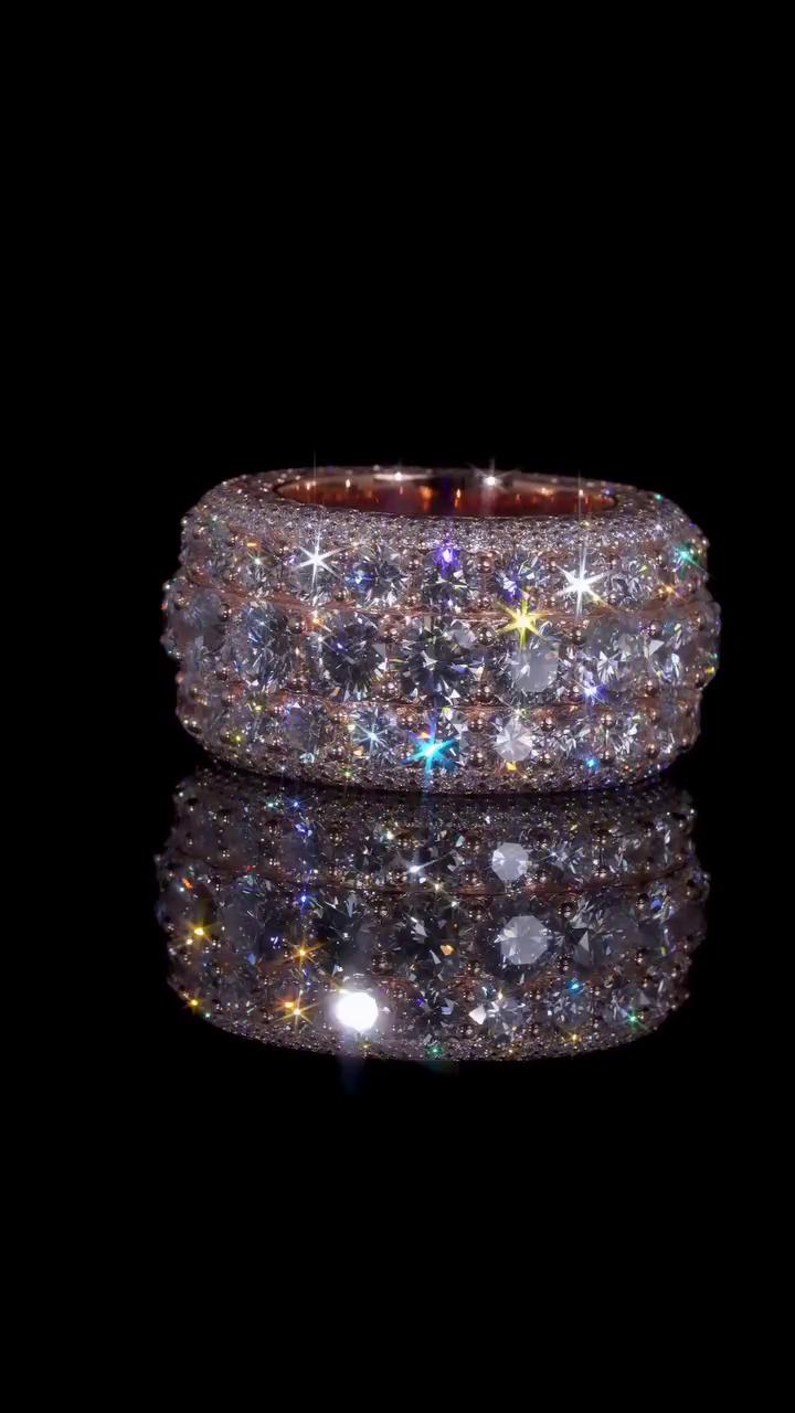 Wide Eternity Band Ring, Multi Row VVS1 Moissanite, Rose Gold Plated 925 Silver, Iced Out Hip Hop Statement Ring