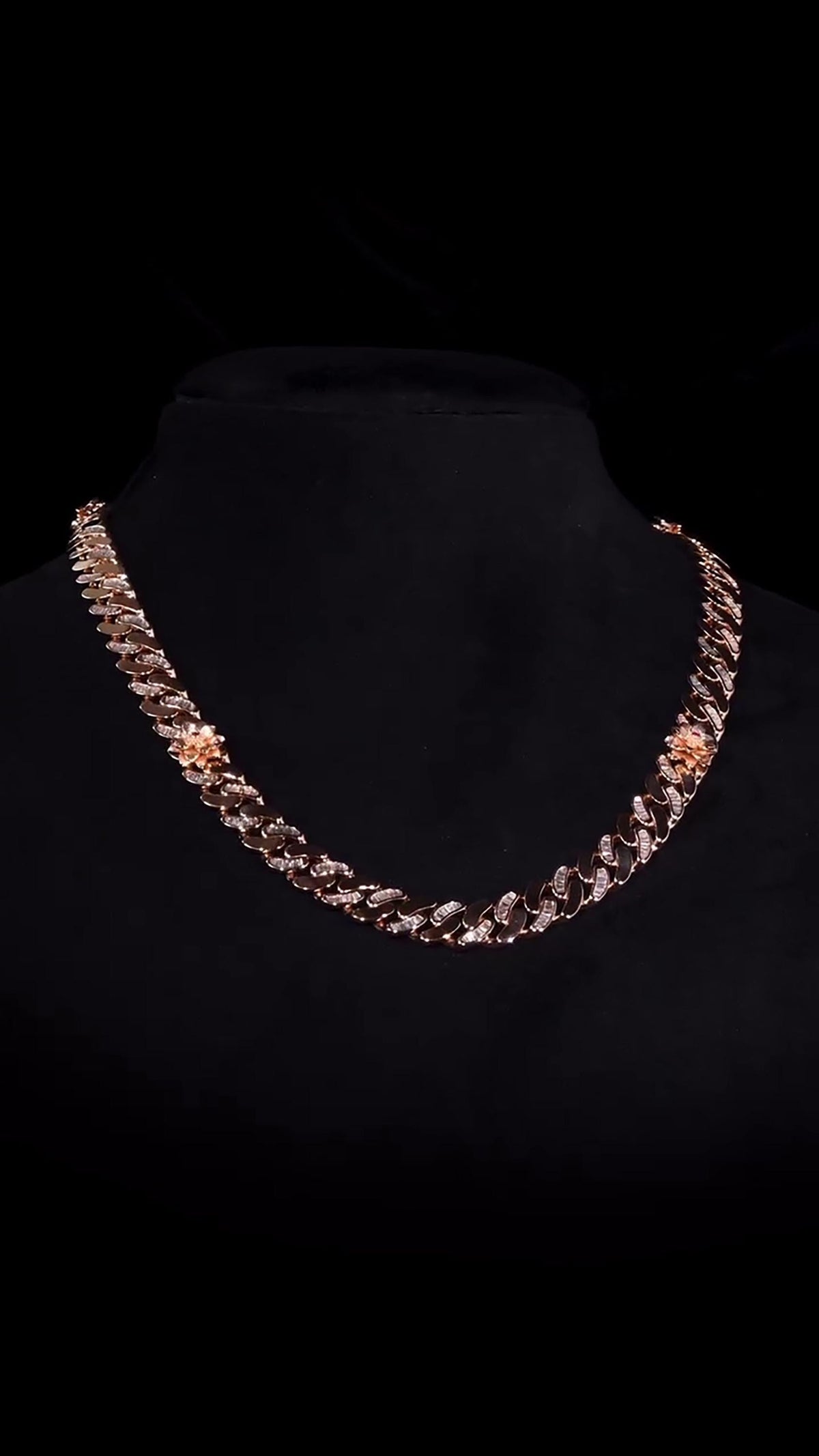 14mm Flat Cuban Link Chain, Baguette Moissanite, Lotus Accents, Rose Gold Plated 925 Silver