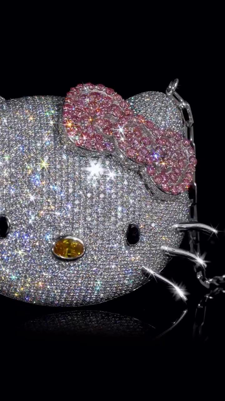 2 Inch Hello Kitty Pendant with Long Link Cable Chain, VVS1 Moissanite & Lab Created Gemstones, 925 Sterling Silver, Passes Diamond Tester