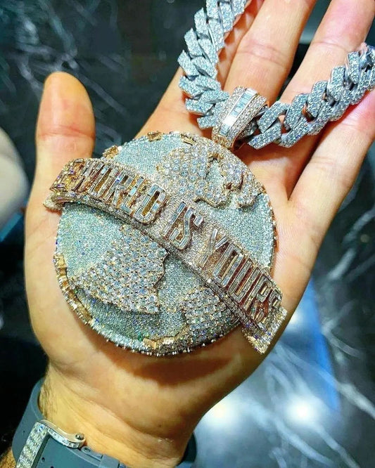 The World is Yours Iced Out Hip Hop Pendant | Chunky Moissanite pendant | 925 Silver / 10K Gold | Custom Handmade Moissanite Jewelry