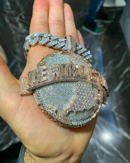 The World is Yours Iced Out Hip Hop Pendant | Chunky Moissanite pendant | 925 Silver / 10K Gold | Custom Handmade Moissanite Jewelry