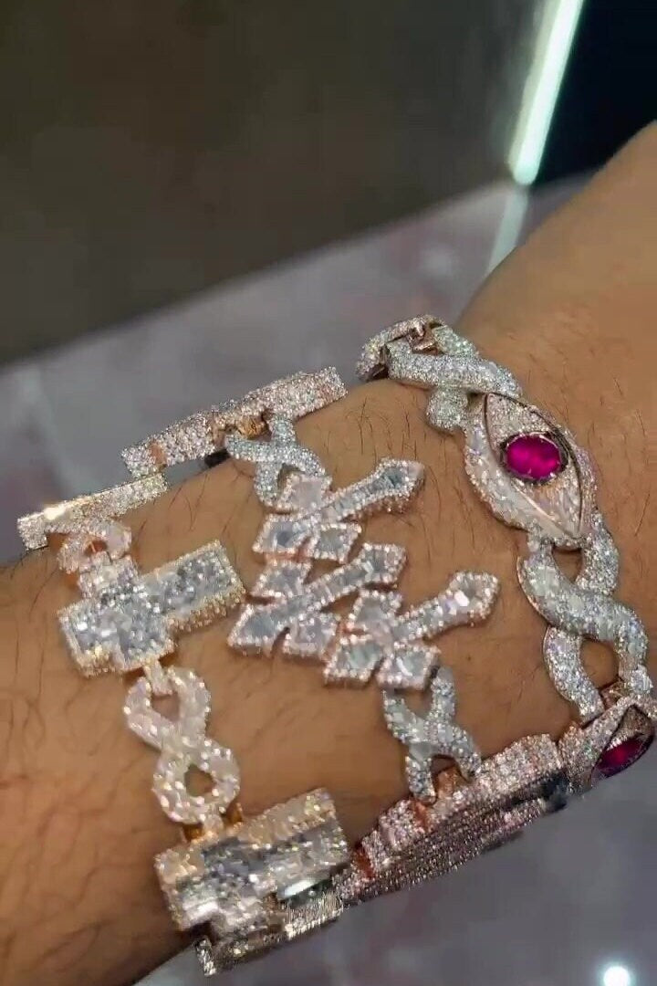 VVS1 Diamond Cross Link Bracelet, VVS1 Quality Baguette Moissanite Diamond, Pass Diamond Tester, Heavy Quality 925 Sterling Silver/Solid 10k