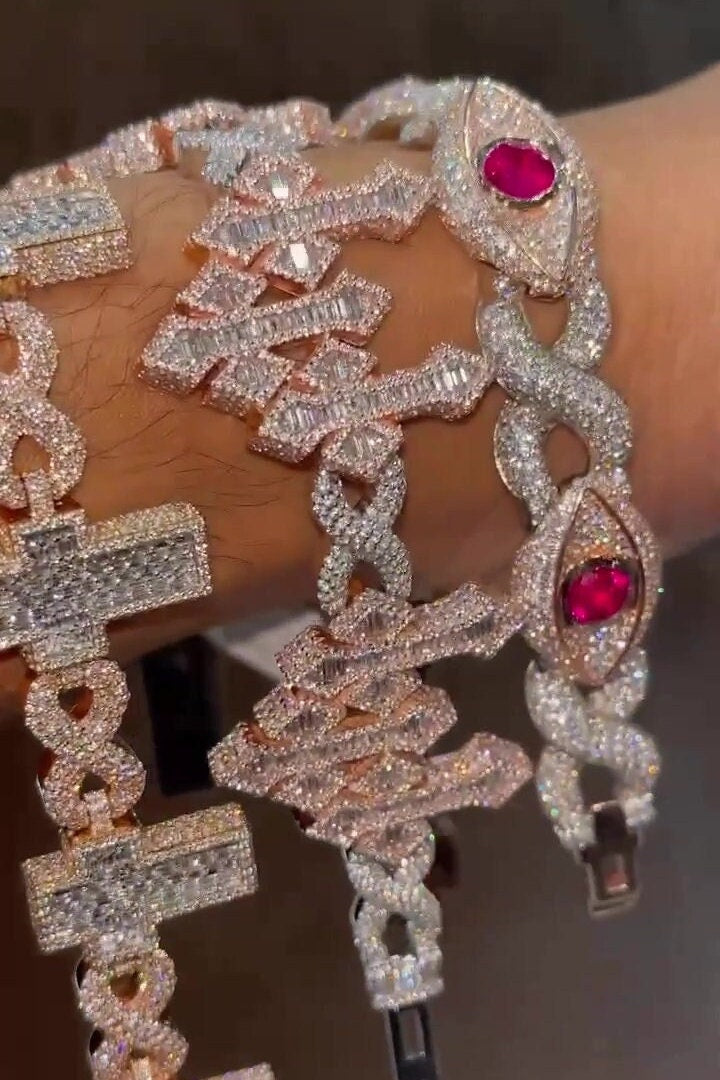 VVS1 Diamond Cross Link Bracelet, VVS1 Quality Baguette Moissanite Diamond, Pass Diamond Tester, Heavy Quality 925 Sterling Silver/Solid 10k