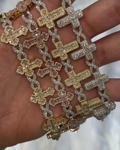 VVS1 Diamond Cross Link Bracelet, VVS1 Quality Baguette Moissanite Diamond, Pass Diamond Tester, Heavy Quality 925 Sterling Silver
