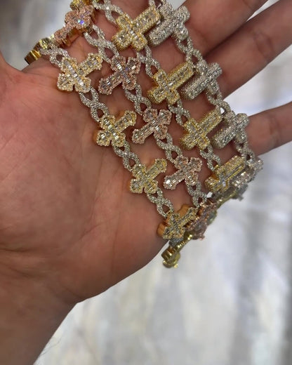 VVS1 Diamond Cross Link Bracelet, VVS1 Quality Baguette Moissanite Diamond, Pass Diamond Tester, Heavy Quality 925 Sterling Silver/Solid 10k