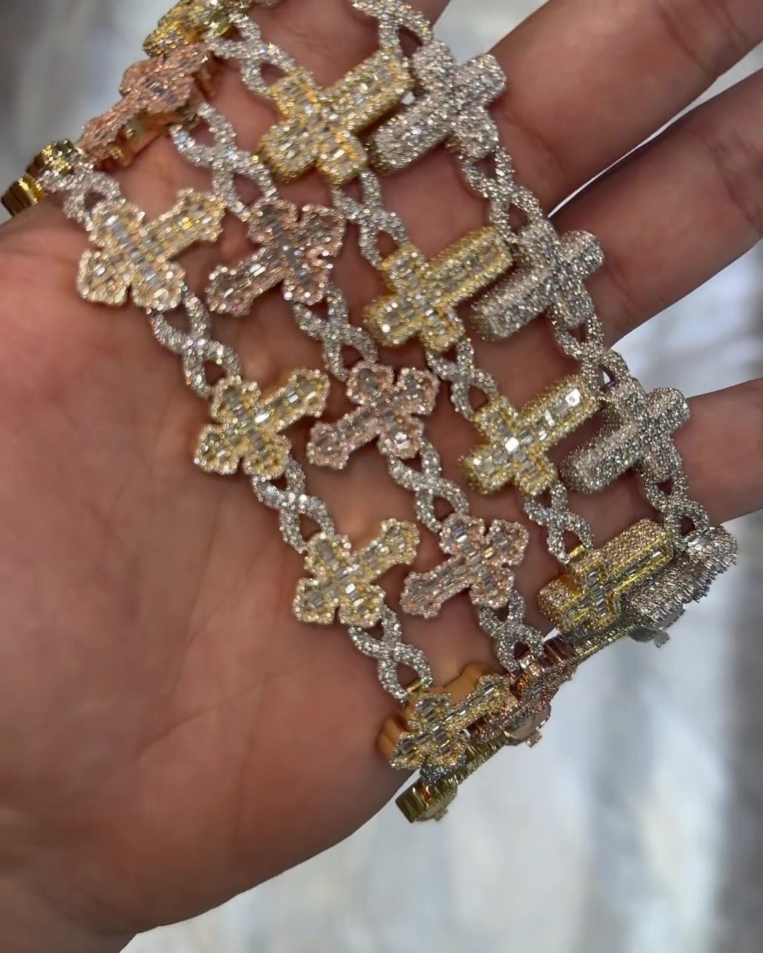 VVS1 Diamond Cross Link Bracelet, VVS1 Quality Baguette Moissanite Diamond, Pass Diamond Tester, Heavy Quality 925 Sterling Silver/Solid 10k