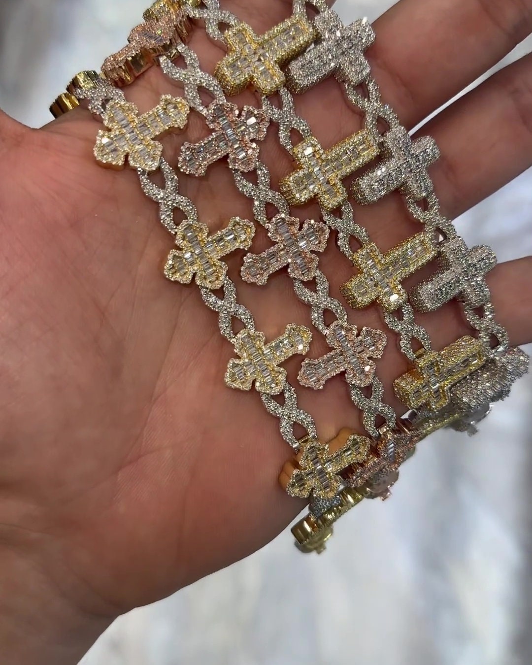 VVS1 Diamond Cross Link Bracelet, VVS1 Quality Baguette Moissanite Diamond, Pass Diamond Tester, Heavy Quality 925 Sterling Silver/Solid 10k