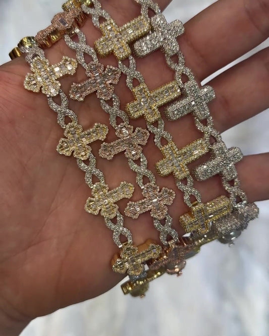 VVS1 Diamond Cross Link Bracelet, VVS1 Quality Baguette Moissanite Diamond, Pass Diamond Tester, Heavy Quality 925 Sterling Silver