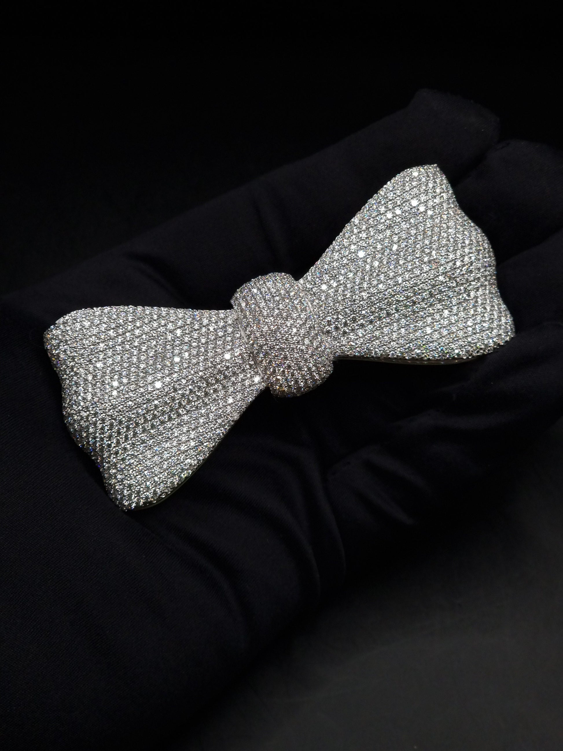 Iced Out Bowtie Brooch, VVS1 Moissanite Diamonds, Pass Diamond Test, Real Solid 925 Silver, Can be plated with Yellow / Rose Gold