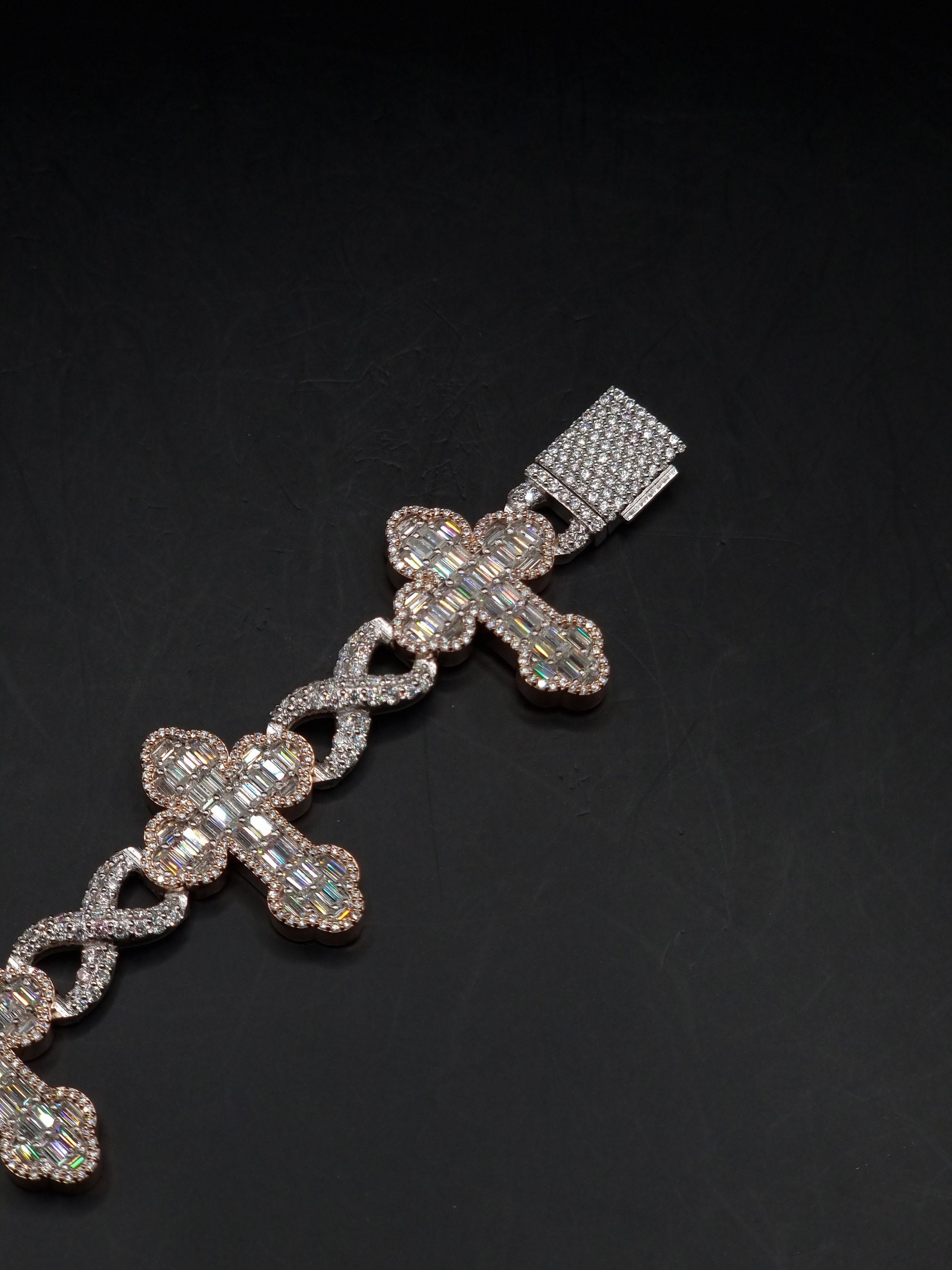 VVS1 Diamond Cross Link Bracelet, VVS1 Quality Baguette Moissanite Diamond, Pass Diamond Tester, Heavy Quality 925 Sterling Silver/Solid 10k