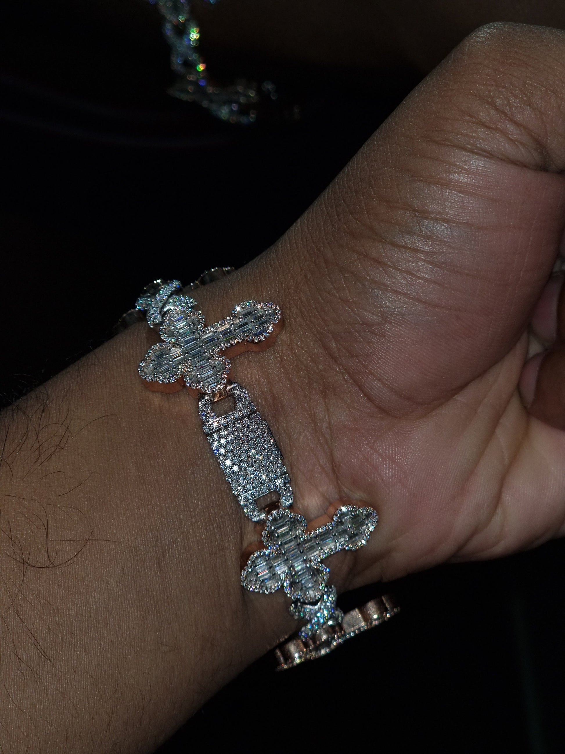 VVS1 Diamond Cross Link Bracelet, VVS1 Quality Baguette Moissanite Diamond, Pass Diamond Tester, Heavy Quality 925 Sterling Silver/Solid 10k