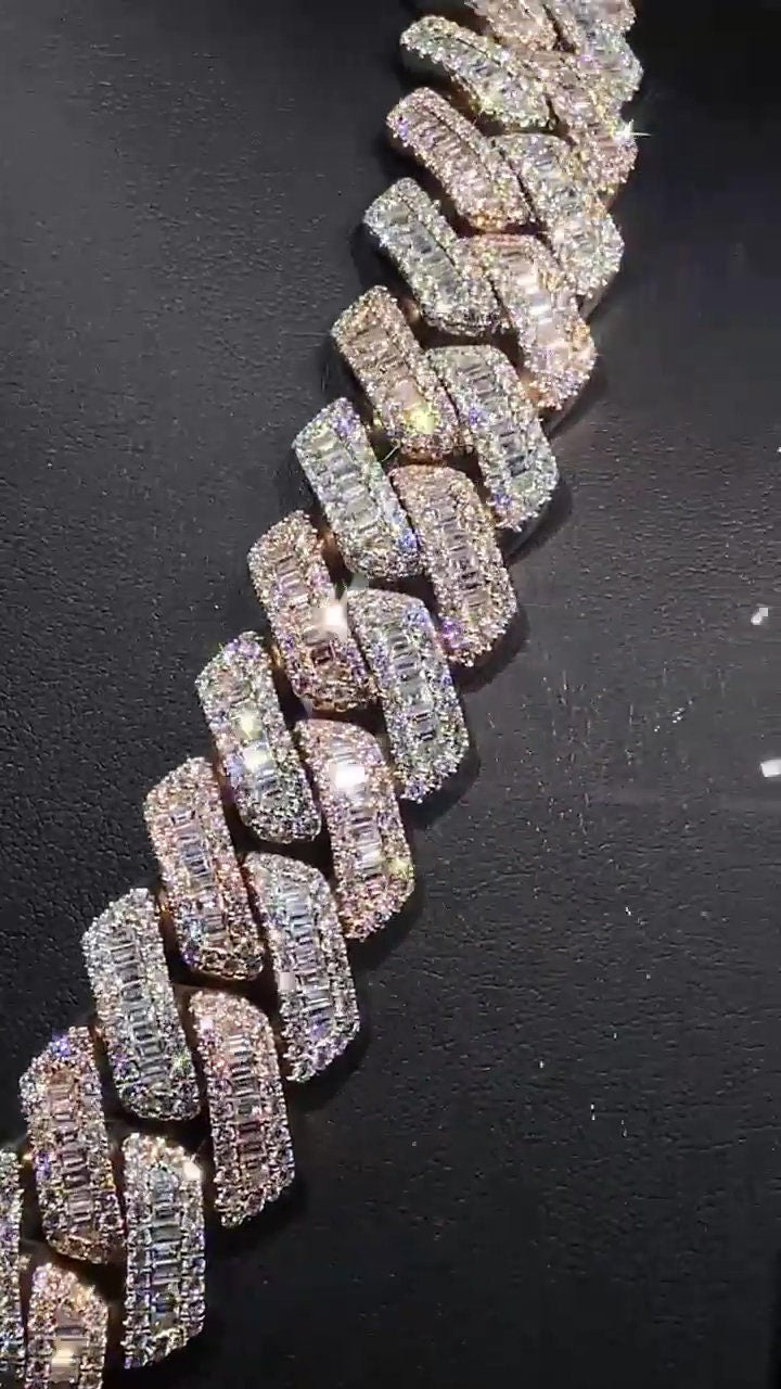 22mm Miami Cuban Link Prong Chain, VVS1 Quality Baguette and Round Moissanite, Pass Diamond Tester, Heavy Quality 925 Sterling Silver