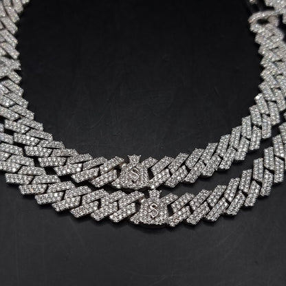 9mm Miami Cuban Link Prong Chain, Men/Women Chain, Iced Cuban Necklace with Money Bags, Available in 925 Sterling Silver/10k Solid Gold