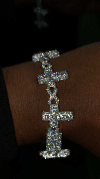 VVS Moissanite Cross Link Bracelet, Iced Out Pavé Bracelet, 925 Sterling Silver, Diamond Tester Approved, Lock Box Clasp