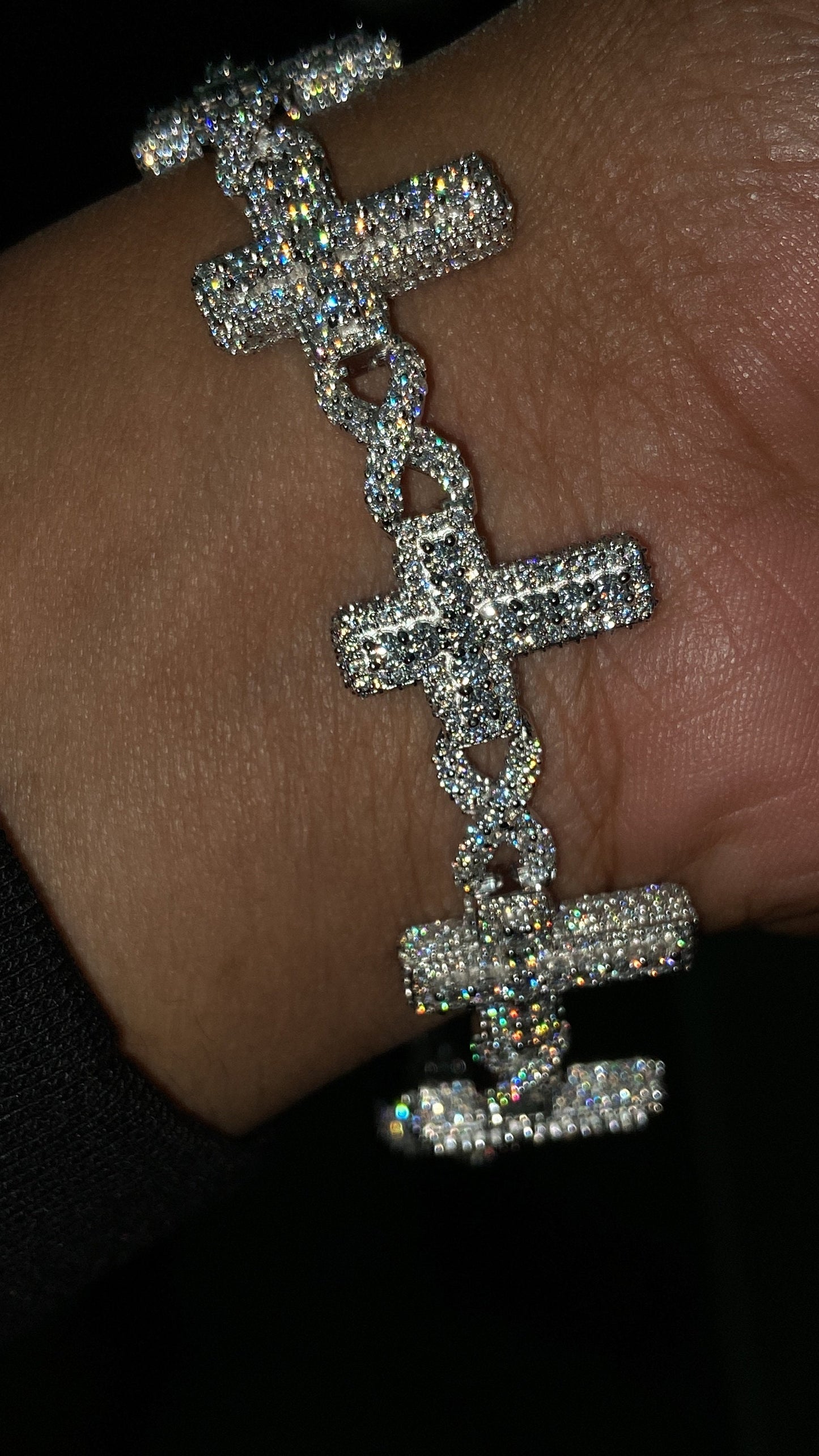 VVS Moissanite Cross Link Bracelet, Iced Out Pavé Bracelet, 925 Sterling Silver, Diamond Tester Approved, Lock Box Clasp