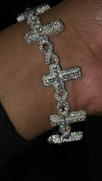 VVS Moissanite Cross Link Bracelet, Iced Out Pavé Bracelet, 925 Sterling Silver, Diamond Tester Approved, Lock Box Clasp