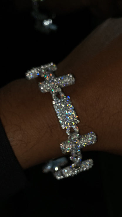 VVS Moissanite Cross Link Bracelet, Iced Out Pavé Bracelet, 925 Sterling Silver, Diamond Tester Approved, Lock Box Clasp