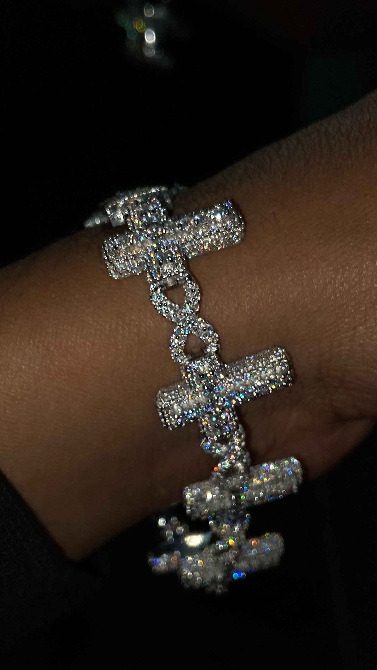 VVS Moissanite Cross Link Bracelet, Iced Out Pavé Bracelet, 925 Sterling Silver, Diamond Tester Approved, Lock Box Clasp