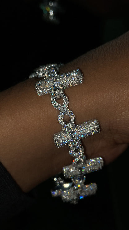 VVS Moissanite Cross Link Bracelet, Iced Out Pavé Bracelet, 925 Sterling Silver, Diamond Tester Approved, Lock Box Clasp