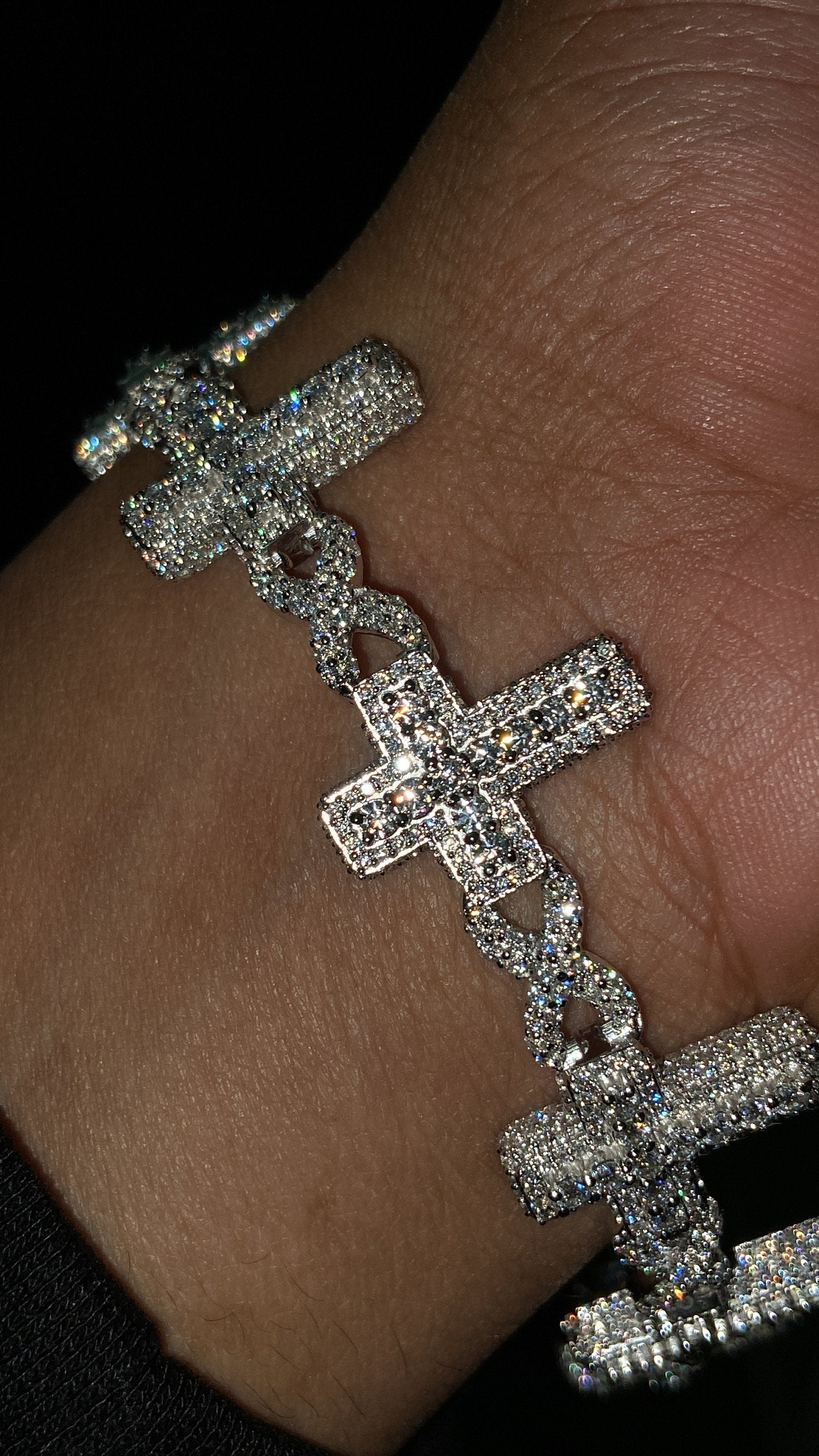 VVS1 Diamond Cross Link Bracelet, VVS1 Quality Moissanite Diamond, Pass Diamond Tester, Heavy Quality 925 Sterling Silver/Solid 10k