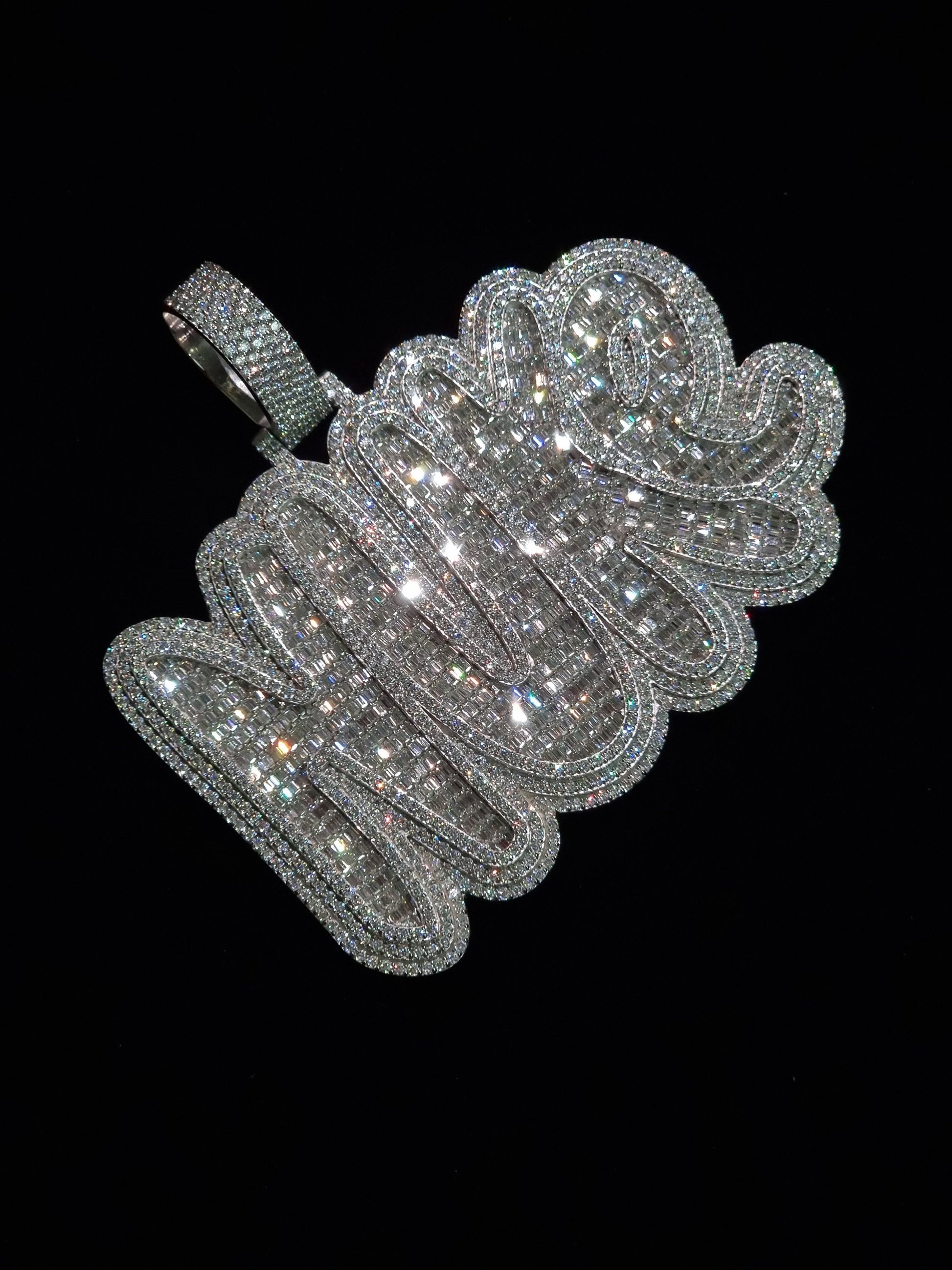 Baguette and Round cut VVS Moissanite Layered Name Pendant, Bubbled fonts, Custom Name, Solid 925 Silver, Rhodium Plated, Pass Diamond test