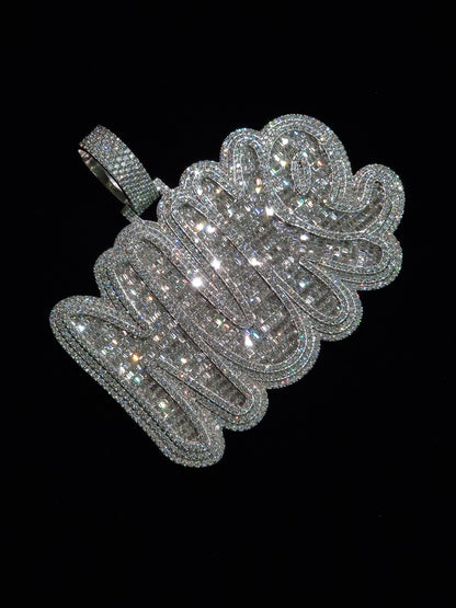 Baguette and Round cut VVS Moissanite Layered Name Pendant, Bubbled fonts, Custom Name, Solid 925 Silver, Rhodium Plated, Pass Diamond test