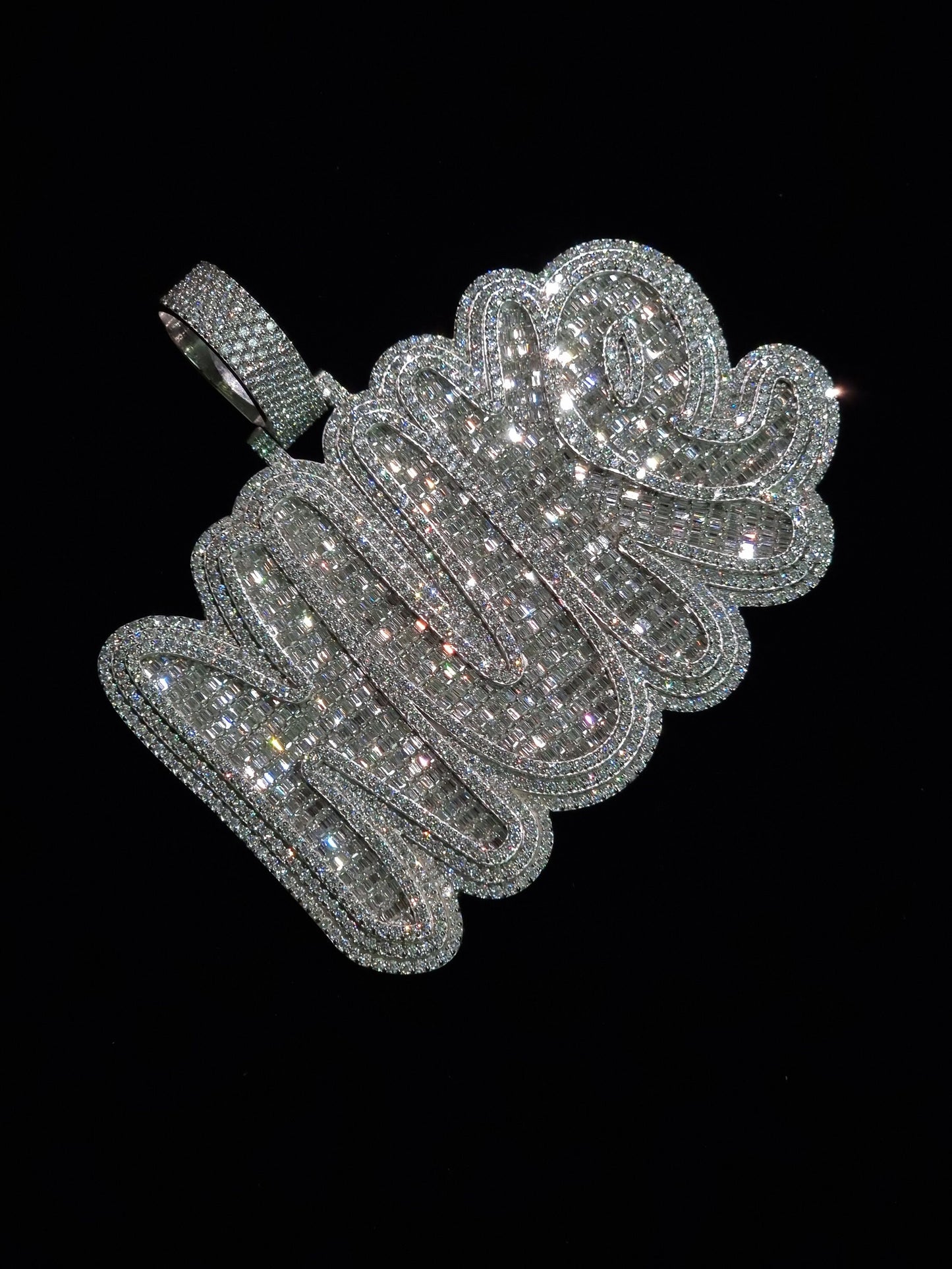 Baguette and Round cut VVS Moissanite Layered Name Pendant, Bubbled fonts, Custom Name, Solid 925 Silver, Rhodium Plated, Pass Diamond test