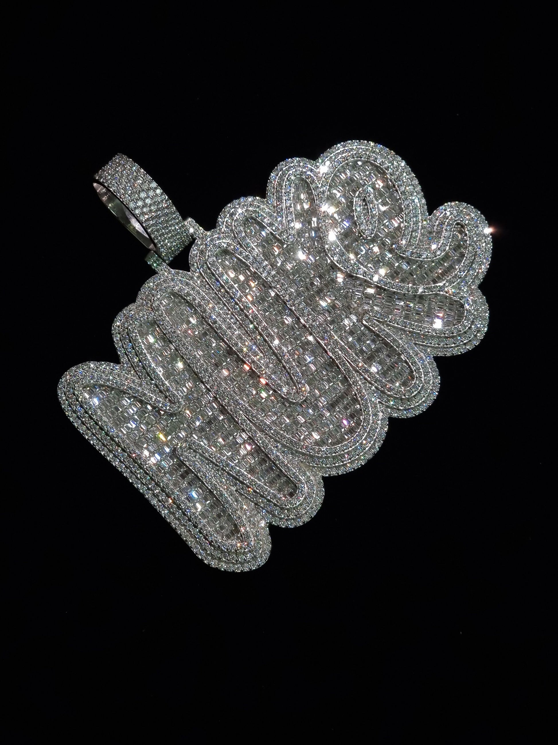 Baguette and Round cut VVS Moissanite Layered Name Pendant, Bubbled fonts, Custom Name, Solid 925 Silver, Rhodium Plated, Pass Diamond test