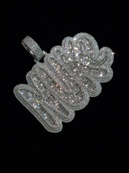 Baguette and Round cut VVS Moissanite Layered Name Pendant, Bubbled fonts, Custom Name, Solid 925 Silver, Rhodium Plated, Pass Diamond test