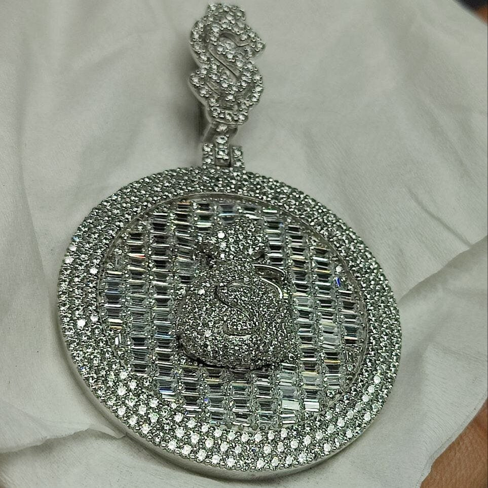 10K Solid White Gold and Diamond 5.00 CT Money bag Medallion Pendant without Chain