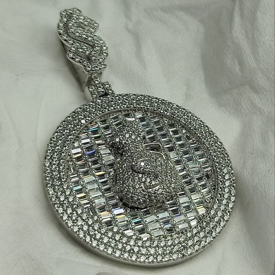 10K Solid White Gold and Diamond 5.00 CT Money bag Medallion Pendant without Chain