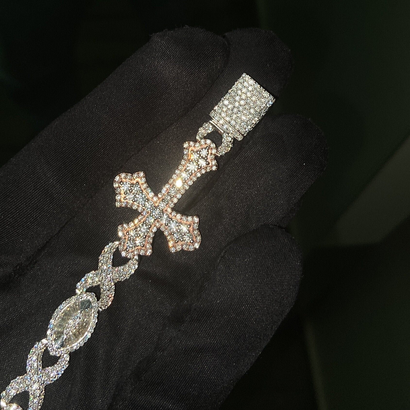 VVS1 Diamond Cross Bracelet, VVS1 Quality Baguette Moissanite Diamond, Pass Diamond Tester, Heavy Quality 925 Sterling Silver 7-9"