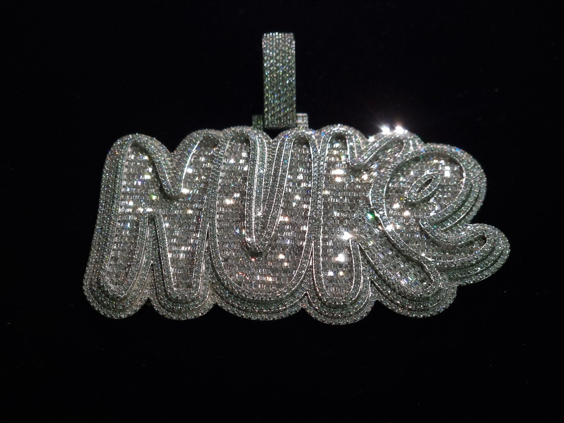 Baguette and Round cut VVS Moissanite Layered Name Pendant, Bubbled fonts, Custom Name, Solid 925 Silver, Rhodium Plated, Pass Diamond test