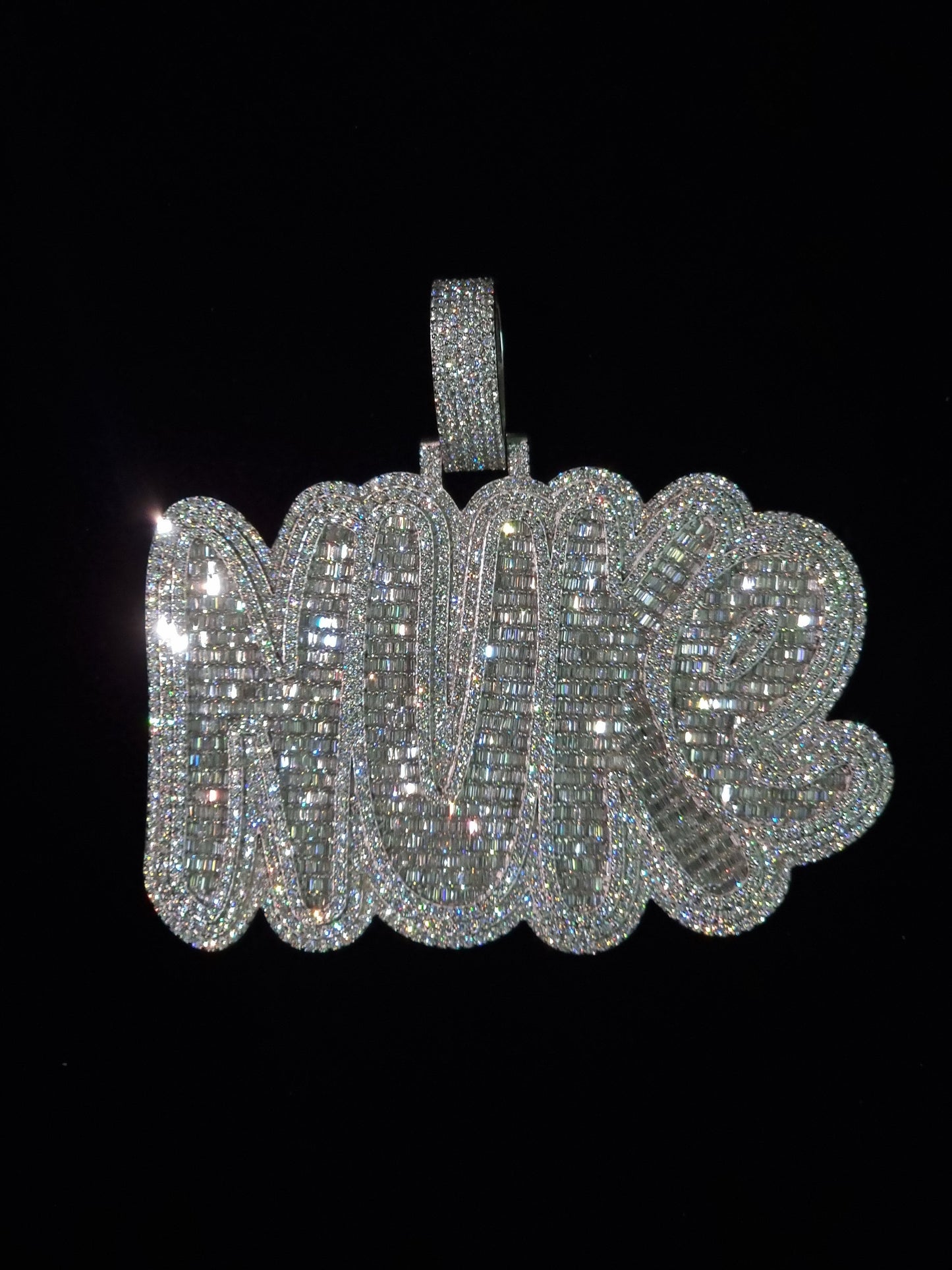 Baguette and Round cut VVS Moissanite Layered Name Pendant, Bubbled fonts, Custom Name, Solid 925 Silver, Rhodium Plated, Pass Diamond test